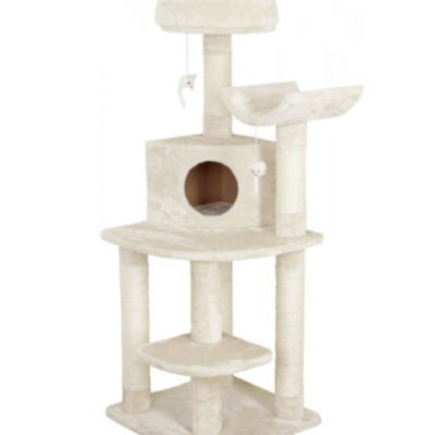 Arranhador para gatos bege com plataformas, casa cubo e brinquedos pendurados