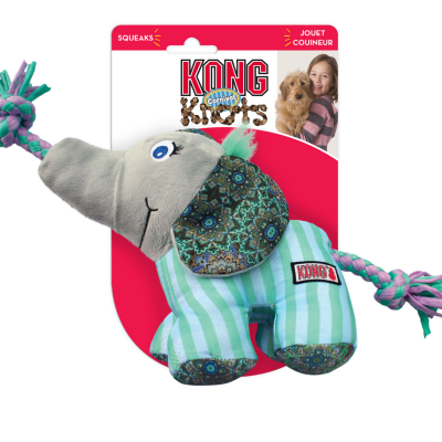 Brinquedo cão elefante verde e azul com cordas, embalagem vermelha KONG
