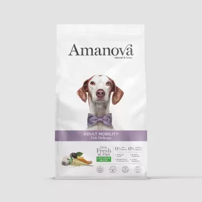 Saco branco de comida para cães Amanova Adult Mobility com imagem de cão e texto informativo