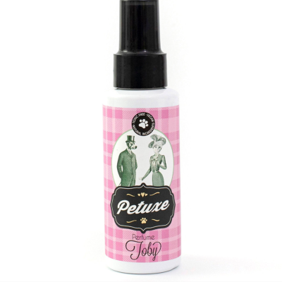 Frasco de spray Petuxe com rótulo rosa xadrez e ilustração vintage