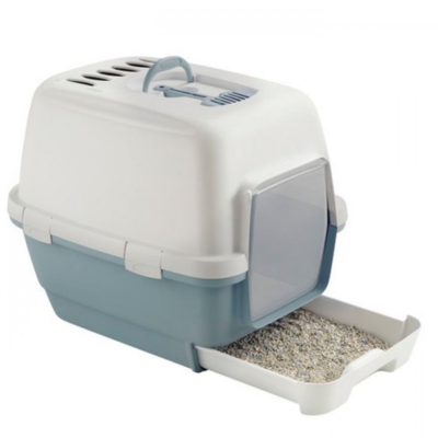 Casa de banho para gatos azul claro e branco com porta translúcida e tabuleiro extraível