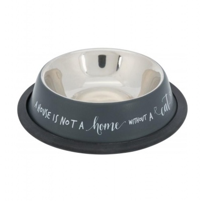 Taça para gato em aço inoxidável com base preta e texto branco