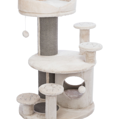 Arranhador bege claro para gatos com vários níveis e bolas penduradas