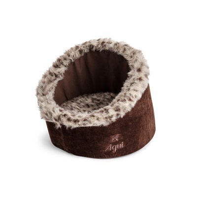 Cama para animal de estimação castanha com interior em pelo falso