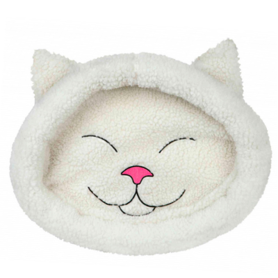 Cama para animais em tecido felpudo branco com rosto de gato bordado