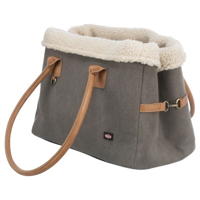 Bolsa cinzenta com pelo creme no interior e alças castanhas