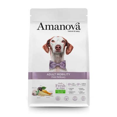 Pacote de ração para cães Amanovâ com cão e texto Adult Mobility Fish Delicacy