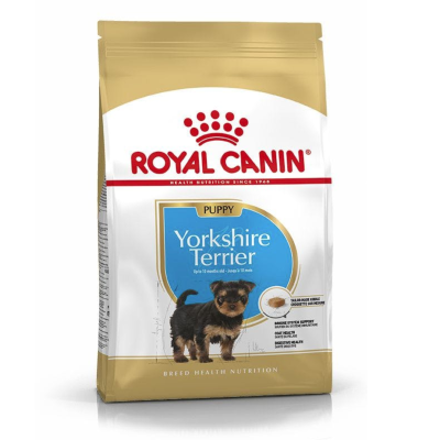 Embala de ração Royal Canin Puppy Yorkshire Terrier com imagem de cachorros e texto informativo