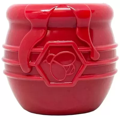 Pote vermelho de plástico com emblema hexagonal e gota decorativa