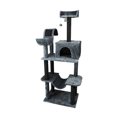 Arranhador para gatos cinzento com níveis e brinquedo suspenso