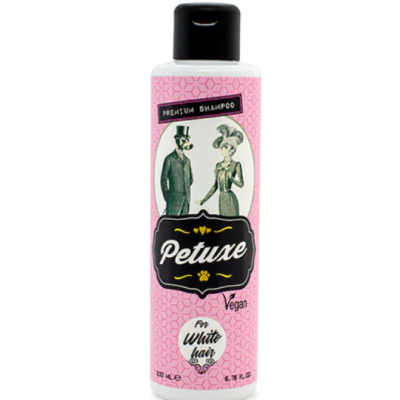 Frasco de champô Petuxe rosa para cabelo branco com ilustração vintage