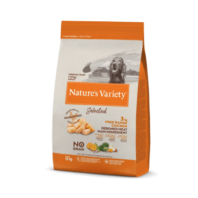Saco de ração para cães Nature's Variety com frango, embalagem laranja e bege