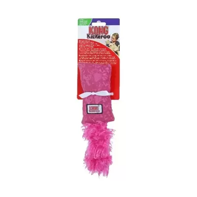 Brinquedo para gatos KONG Kickeroo rosa com penas rosa na embalagem colorida.