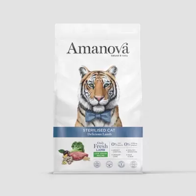 Embalagem branca de comida para gato esterilizado Amanova com imagem de tigre com gravata azul