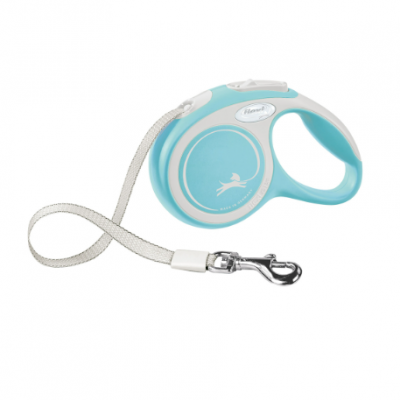 Trela retrátil azul e branco para cão com fita branca e mosquetão metálico