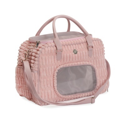 Mala de transporte cor-de-rosa felpuda com janela em rede e alça ajustável