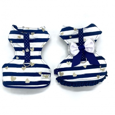 Vestidos para cães às riscas azuis e brancas com corações dourados