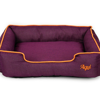Cama roxa para animais com bordado laranja 