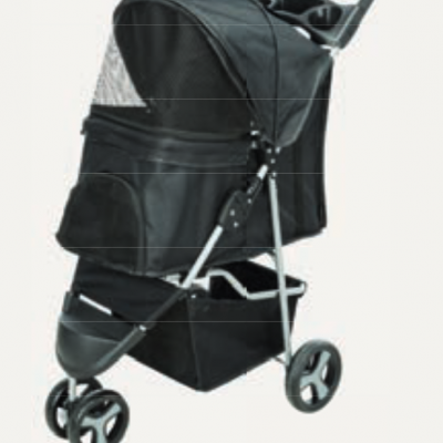 Carrinho passeio animal preto com estrutura metálica e rodas