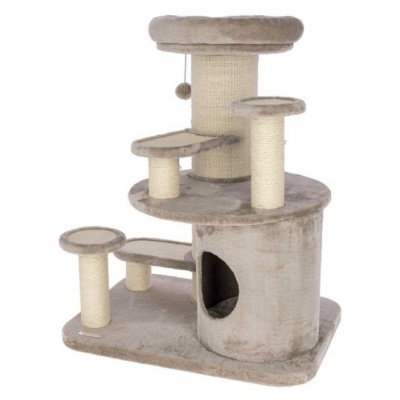 Arranhador para gatos bege com postes em sisal e casa circular com entrada oval.