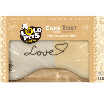 Bone para cães de cor creme e branco com texto Love e embalagem bege com texto e logótipo