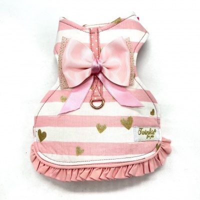 Colete para animal de estimação rosa e branco com laço e corações dourados