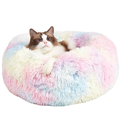 Gato branco e castanho deitado em cama redonda felpuda colorida pastel