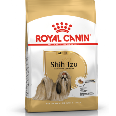 Saco de ração Royal Canin Adult Shih Tzu com imagem de cão e texto