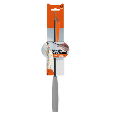 Vara extensível para gato com pena laranja e embalagem branca e laranja