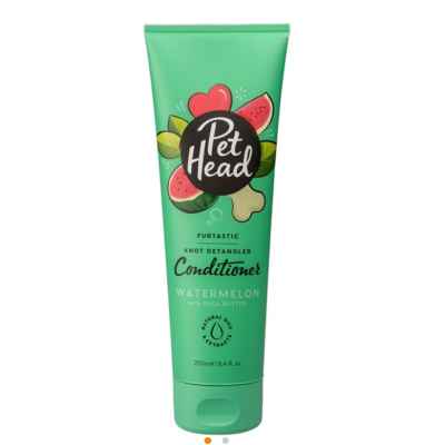 Condicionador Pet Head Furtastic Knot Detangler verde com design de frutas e osso