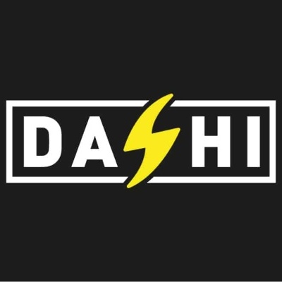 Logótipo da marca DASHI em preto e branco com um raio amarelo.