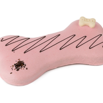 Brinquedo para cão rosa em forma de osso com riscas pretas