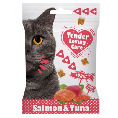Embalagem de snacks para gato salmon e tuna com imagem de gato e texto Tender Loving Care