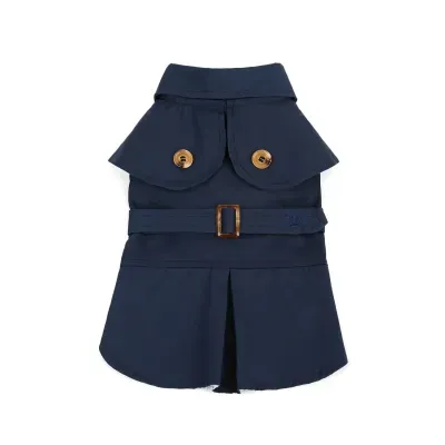 Vestido para cão azul escuro com botões e cinto de fivela