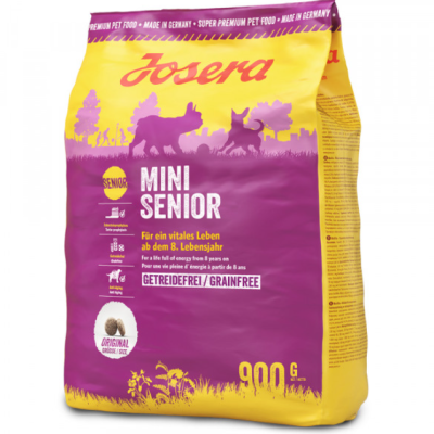 Saco amarelo e roxo de ração para cães Josera Mini Senior de 900g