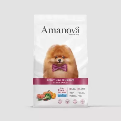 Saco branco de comida para cães Amanova com imagem de cão Pomeranian