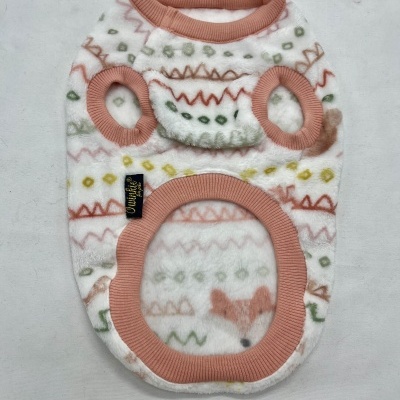 Camisola para cão com padrões geométricos e rosto de raposa em tecido felpudo