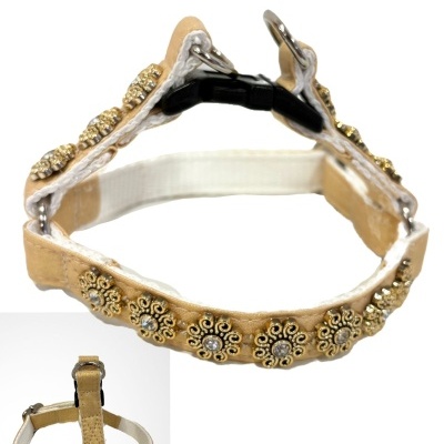 Peitoral bege com detalhes florais dourados e pedras brilhantes para animal de estimação