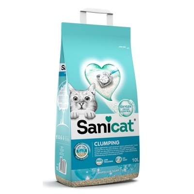 Saco de areia para gatos Sanicat azul e branco com 10 litros