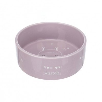 Tigela de cerâmica lilás com desenho de rosto de animal e texto WELCOME