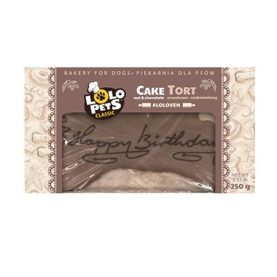 Bolo para cães LOL PETS Classic sabor noz e chocolate em embalagem castanha clara com texto Happy Birthday