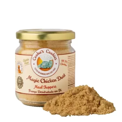 Frasco de pó amarelo claro para comida Canina Magic Chicken Dust com tampa dourada