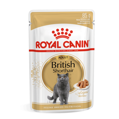 Emb. comida húmida Royal Canin British Shorthair 85g, branco e dourado, gato cinzento