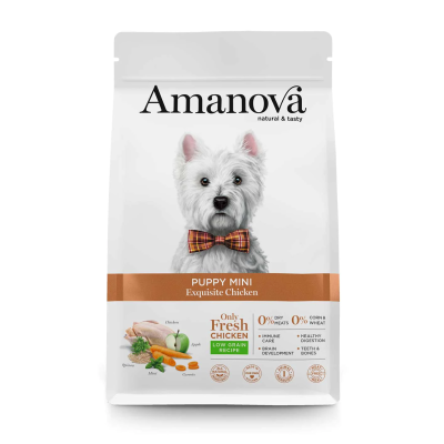 Embalagem de comida para cão Amanova Puppy Mini com foto de cão branco