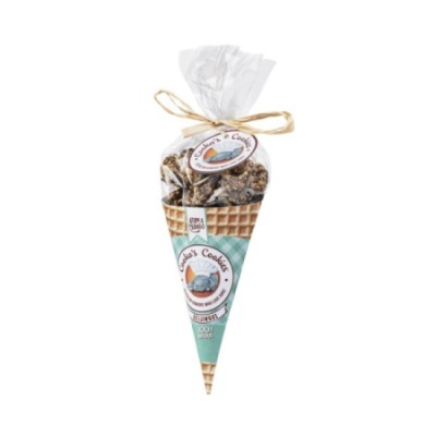 Pacote em cone transparente com bolachas e laço bege