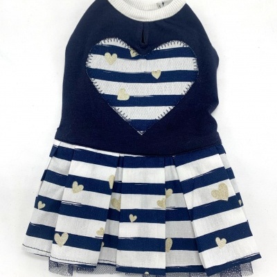 Vestido azul e branco para cão com coração e saia plissada