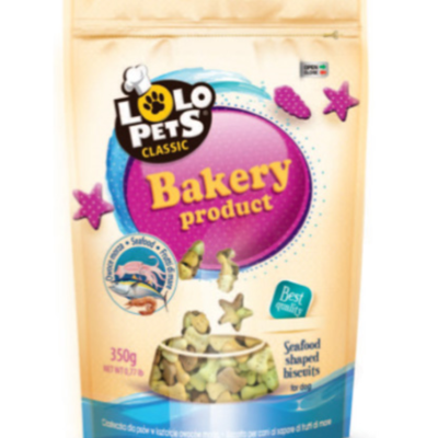 Embalagem de biscoitos para animais LO PETS Bakery product, 350g, biscoitos moldados em formas de frutos do mar.