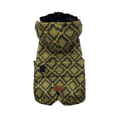 Casaco para cão em padrão dourado e preto com capuz e bolsos