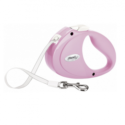 Trela retrátil rosa para cães com fita branca e gancho metálico