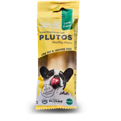 Embalagem amarela e verde do snack para cães PLUTOS sabor cordeiro